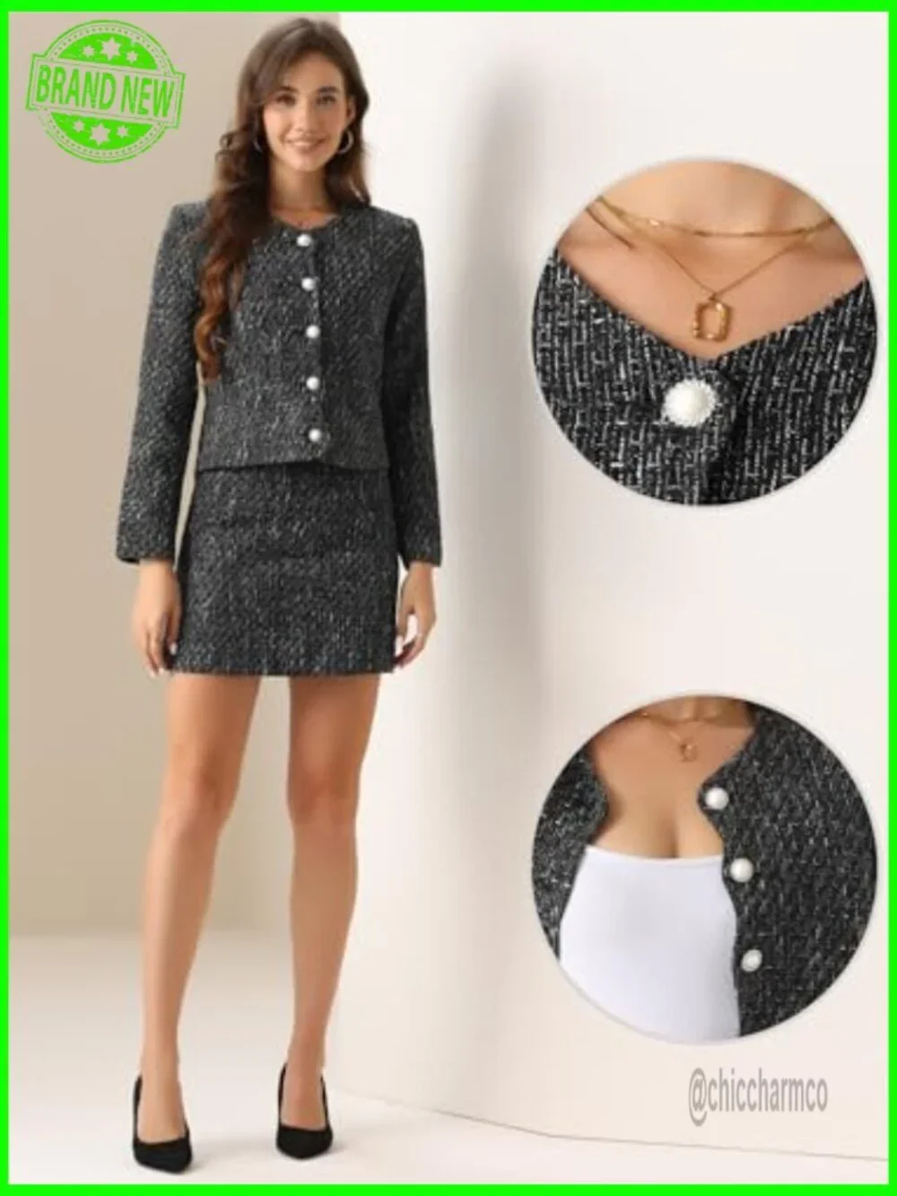 2 Piece Tweed Blazer Skirt Set Women's Business Suit Jacket Pencil Skirt